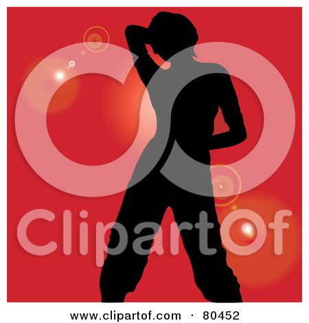 Royalty-Free (RF) Clipart Illustration of a Black Silhouette Of A Dancing Woman Holding Her Hand Behind Her Head On Red by Pams Clipart