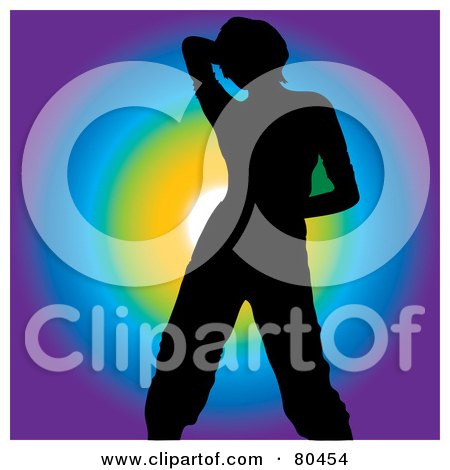 Royalty-Free (RF) Clipart Illustration of a Black Silhouette Of A Dancing Woman Holding Her Hand Behind Her Head On Colors by Pams Clipart