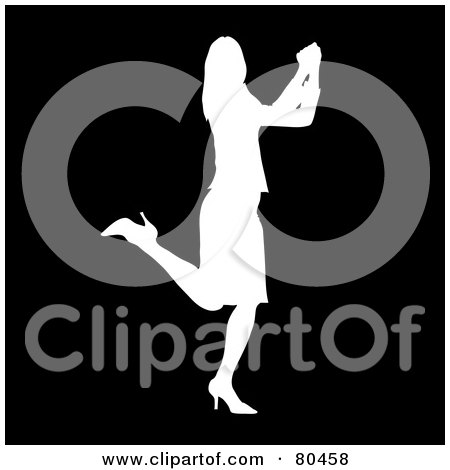 Royalty-Free (RF) Clipart Illustration of a White Silhouette Of A Happy Businesswoman Kicking Up Her Heels And Doing A Happy Dance by Pams Clipart