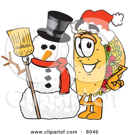 Clipart Picture of a Taco Mascot Cartoon Character With a Snowman on Christmas by Mascot Junction