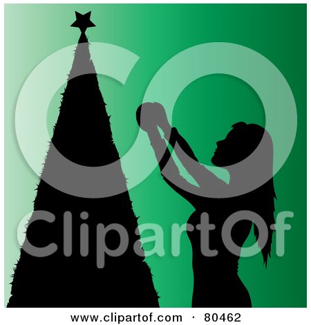 Royalty-Free (RF) Clipart Illustration of a Black Silhouetted Woman Decorating A Christmas Tree On Green by Pams Clipart