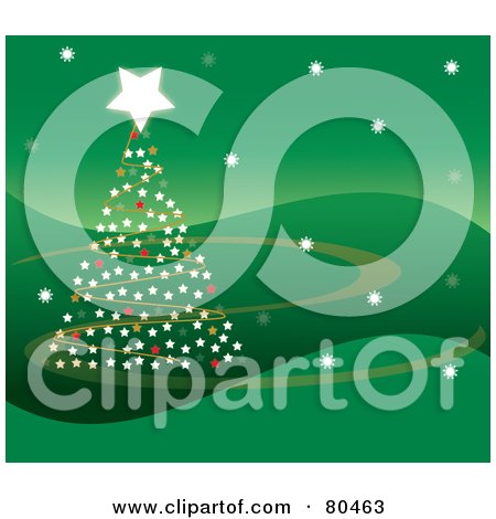Royalty-Free (RF) Clipart Illustration of a Starry Christmas Tree On A Wavy Green Background With Swooshes by Pams Clipart