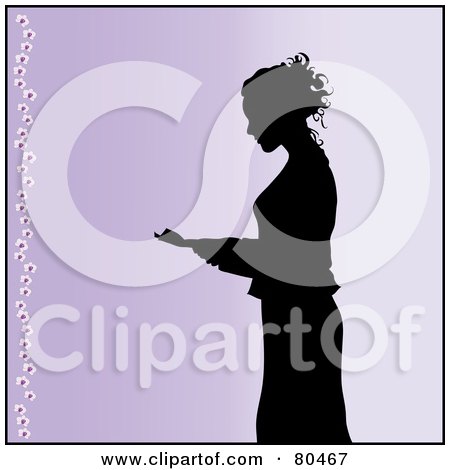 Royalty-Free (RF) Clipart Illustration of a Black Silhouetted Businesswoman Standing And Reading Over Purple by Pams Clipart