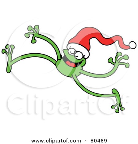 Royalty-Free (RF) Clipart Illustration of a Leggy Green Frog Walking And Wearing A Santa Hat by Zooco