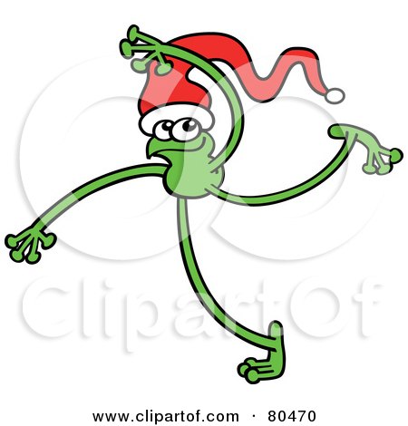 Royalty-Free (RF) Clipart Illustration of a Leggy Green Frog Dancing And Wearing A Santa Hat by Zooco