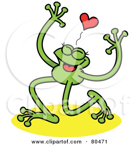 Royalty-Free (RF) Clipart Illustration of a Leggy Green Frog Smiling Under A Heart by Zooco