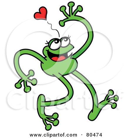 Royalty-Free (RF) Clipart Illustration of a Leggy Green Frog Waving Under A Heart by Zooco