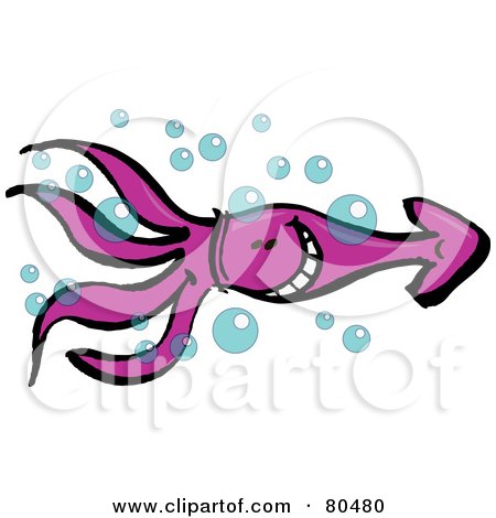 Royalty-Free (RF) Clipart Illustration of a Happy Purple Squid Swimming Through Bubbles by Zooco