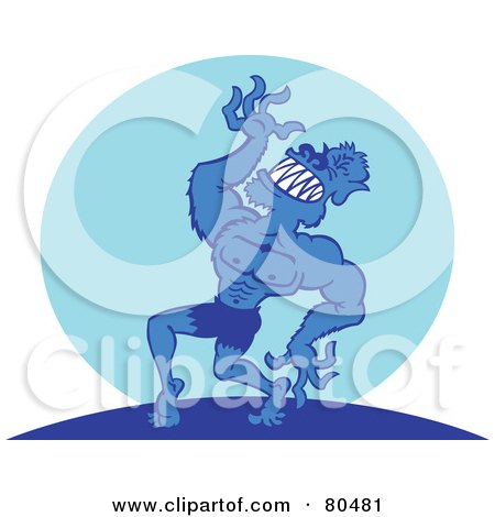 Royalty-Free (RF) Clipart Illustration of a Grinning Strong Wolfman Atop A Hill Against A Blue Moon by Zooco