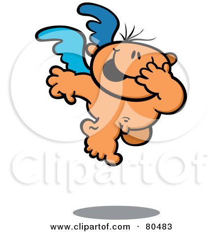 Royalty-Free (RF) Clipart Illustration of a Giggling Nude Cupid With Blue Wings by Zooco