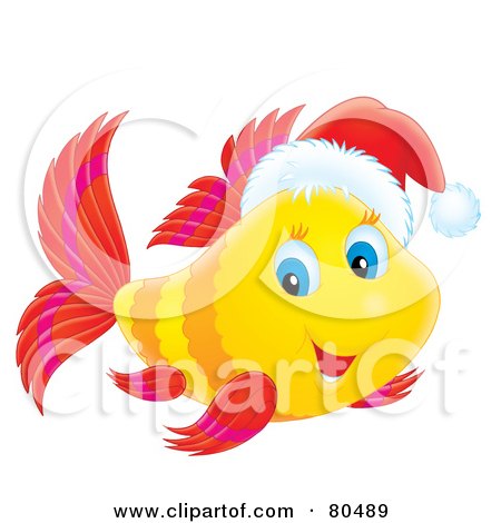 Royalty-Free (RF) Clipart Illustration of a Yellow Marine Fish Wearing A Santa Hat by Alex Bannykh