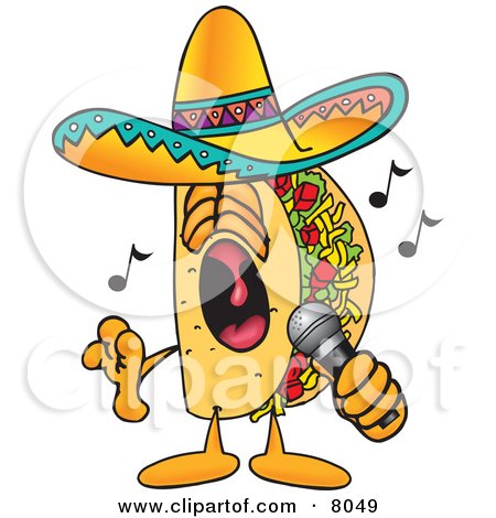 Clipart Picture of a Taco Mascot Cartoon Character Singing Loud Into a Microphone by Mascot Junction