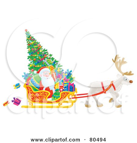 Royalty-Free (RF) Clipart Illustration of a Reindeer Pulling A Christmas Tree, Gifts And Santa In A Sleigh by Alex Bannykh