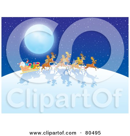 Royalty-Free (RF) Clipart Illustration of Santas Reindeer Pulling His Sleigh Under A Full Moon by Alex Bannykh