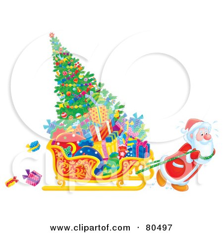 Royalty-Free (RF) Clipart Illustration of Santa Pulling A Christmas Tree And Gifts In A Sleigh by Alex Bannykh