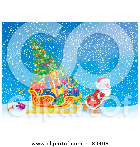 Royalty-Free (RF) Clipart Illustration of Santa Pulling His Sleigh With Presents And A Tree Through The Snow by Alex Bannykh
