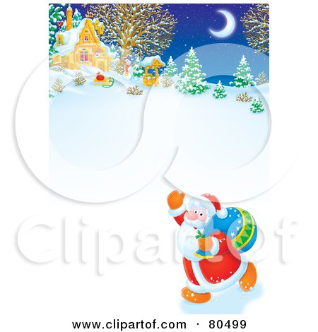 Royalty-Free (RF) Clipart Illustration of Santa Waving And Walking Near A Winter Cottage by Alex Bannykh
