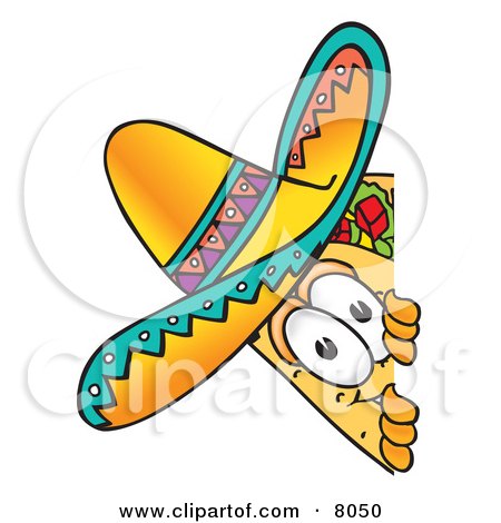 Clipart Picture of a Taco Mascot Cartoon Character Peeking Around a Corner by Mascot Junction