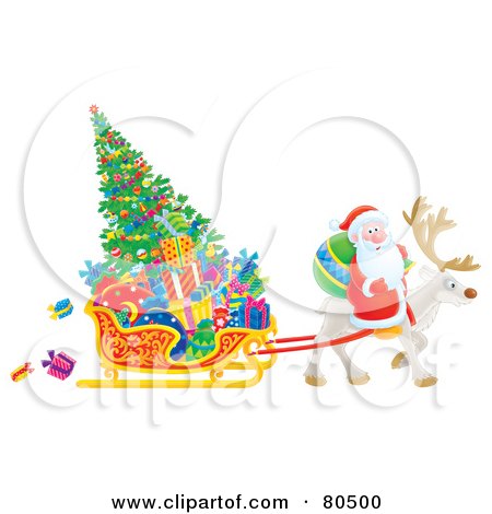 Royalty-Free (RF) Clipart Illustration of Santa Riding On A Reindeer Pulling A Christmas Tree And Gifts In A Sleigh by Alex Bannykh