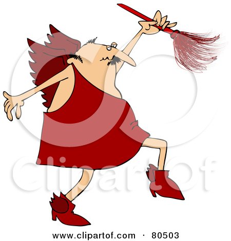 Royalty-Free (RF) Clipart Illustration of a Cupid In Red, Using A Feather Duster by djart