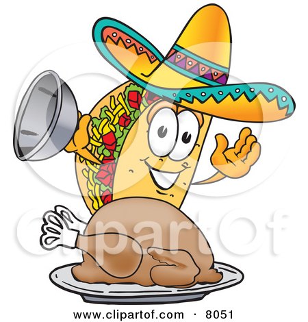 Clipart Picture of a Taco Mascot Cartoon Character Serving a Thanksgiving Turkey on a Platter by Mascot Junction