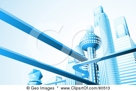 Royalty-Free (RF) Clipart Illustration of a Futuristic City Skyline With Skyscrapers And Floating Roads In Blue Tones by AtStockIllustration