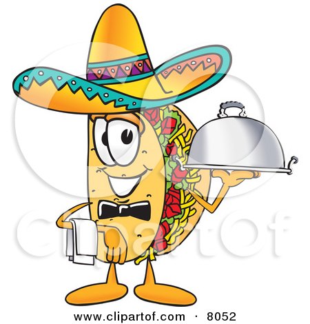 Clipart Picture of a Taco Mascot Cartoon Character Dressed as a Waiter and Holding a Serving Platter by Mascot Junction