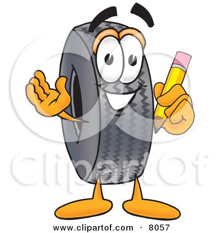 Clipart Picture of a Rubber Tire Mascot Cartoon Character Holding a Pencil by Mascot Junction