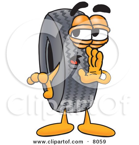Clipart Picture of a Rubber Tire Mascot Cartoon Character Whispering and Gossiping by Mascot Junction