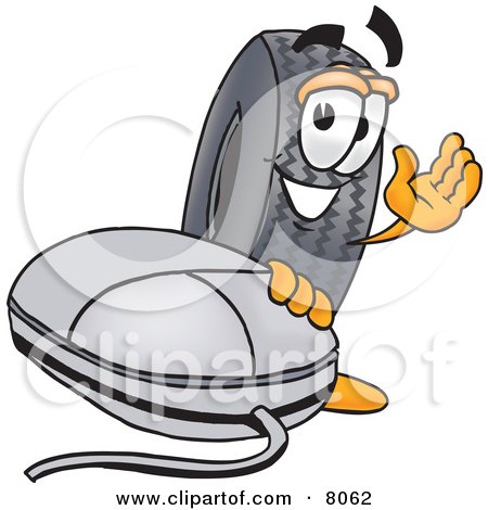 Clipart Picture of a Rubber Tire Mascot Cartoon Character With a Computer Mouse by Mascot Junction