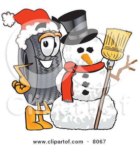 Clipart Picture of a Rubber Tire Mascot Cartoon Character With a Snowman on Christmas by Mascot Junction