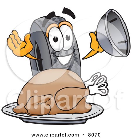 Clipart Picture of a Rubber Tire Mascot Cartoon Character Serving a Thanksgiving Turkey on a Platter by Mascot Junction