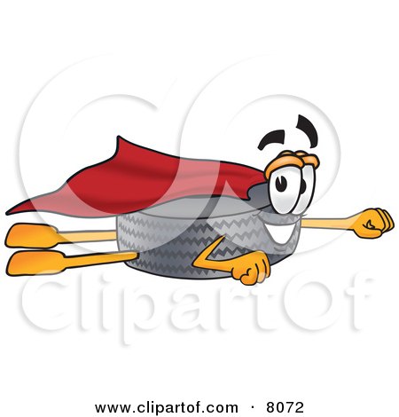 Clipart Picture of a Rubber Tire Mascot Cartoon Character Flying, Dressed as a Super Hero by Mascot Junction