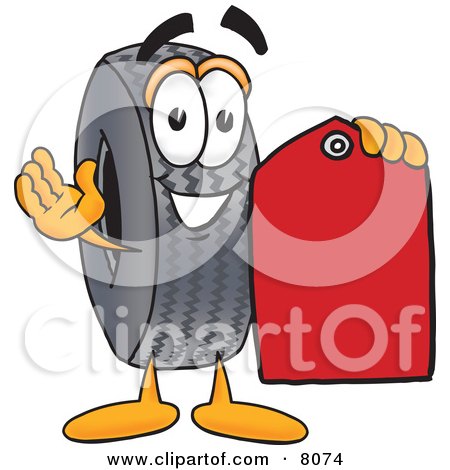 Clipart Picture of a Rubber Tire Mascot Cartoon Character Holding a Red Sales Price Tag by Mascot Junction