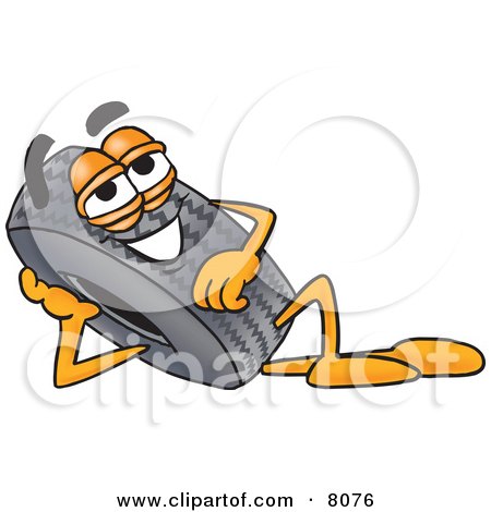 Clipart Picture of a Rubber Tire Mascot Cartoon Character Resting His Head on His Hand by Mascot Junction