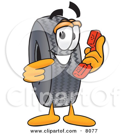 Clipart Picture of a Rubber Tire Mascot Cartoon Character Holding a Telephone by Mascot Junction