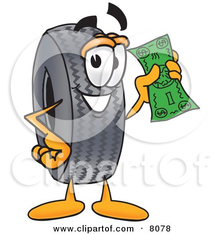 Clipart Picture of a Rubber Tire Mascot Cartoon Character Holding a Dollar Bill by Mascot Junction