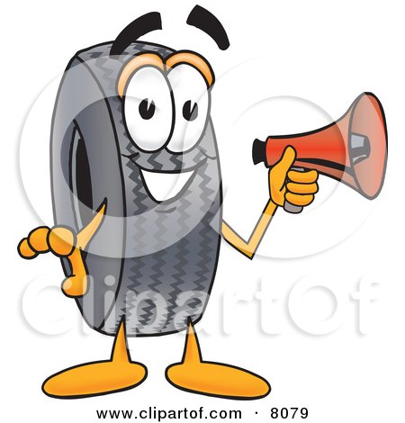 Clipart Picture of a Rubber Tire Mascot Cartoon Character Holding a Megaphone by Mascot Junction