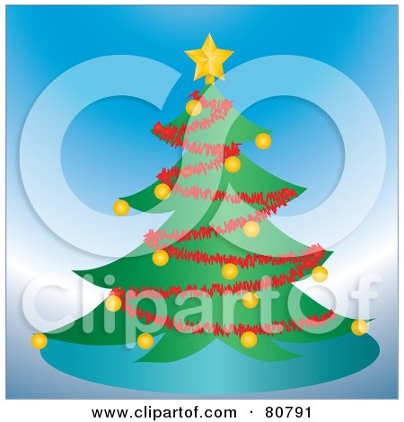 Royalty-Free (RF) Clipart Illustration of a Trimmed Green Christmas Tree With Red Garland And Gold Ornaments by Pams Clipart