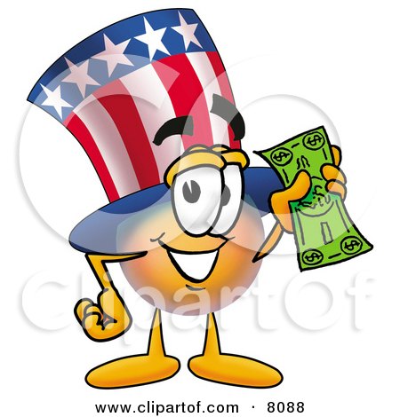 Clipart Picture of an Uncle Sam Mascot Cartoon Character Holding a Dollar Bill by Toons4Biz