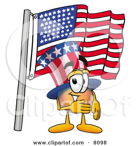 Clipart Picture of an Uncle Sam Mascot Cartoon Character Pledging Allegiance to an American Flag by Toons4Biz