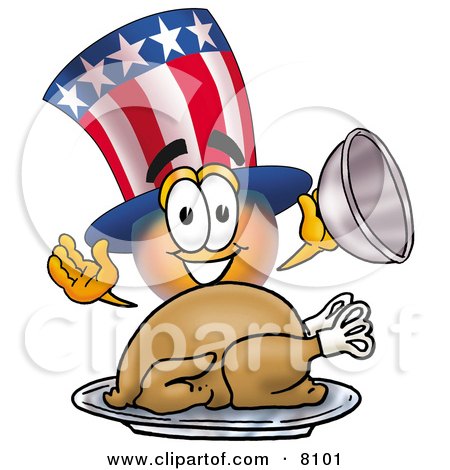 Clipart Picture of an Uncle Sam Mascot Cartoon Character Serving a Thanksgiving Turkey on a Platter by Toons4Biz