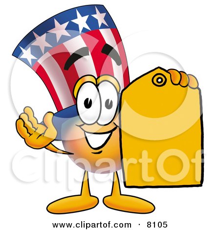 Clipart Picture of an Uncle Sam Mascot Cartoon Character Holding a Yellow Sales Price Tag by Toons4Biz