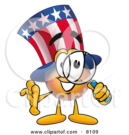 Clipart Picture of an Uncle Sam Mascot Cartoon Character Looking Through a Magnifying Glass by Toons4Biz
