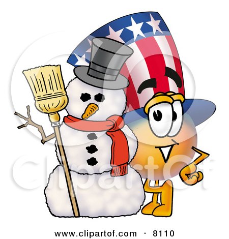 Clipart Picture of an Uncle Sam Mascot Cartoon Character With a Snowman on Christmas by Toons4Biz