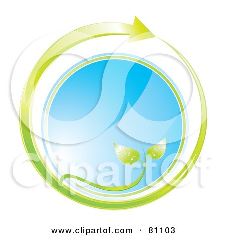 Royalty-Free (RF) Clipart Illustration of a Green Plant Arrow Circling Blue Glass by MilsiArt
