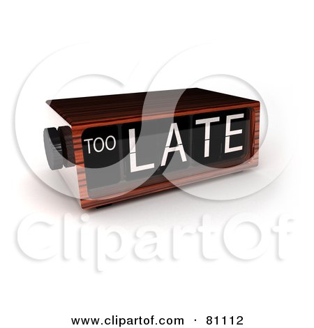 Royalty-Free (RF) Clipart Illustration of a 3d Wooden Alarm Clock Reading Too Late by stockillustrations