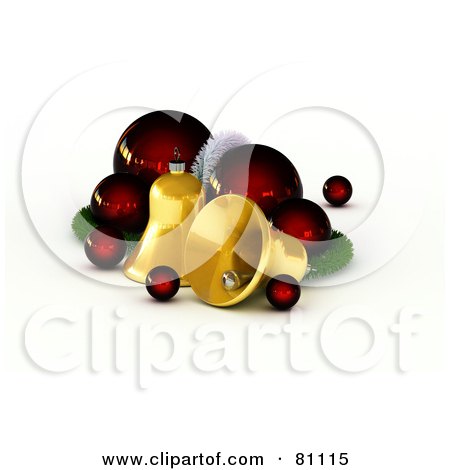 Royalty-Free (RF) Clipart Illustration of 3d Golden Christmas Bells With Red Baubles by stockillustrations