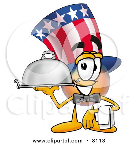 Clipart Picture of an Uncle Sam Mascot Cartoon Character Dressed as a Waiter and Holding a Serving Platter by Toons4Biz