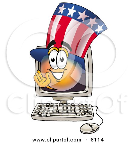 Clipart Picture of an Uncle Sam Mascot Cartoon Character Waving From Inside a Computer Screen by Toons4Biz